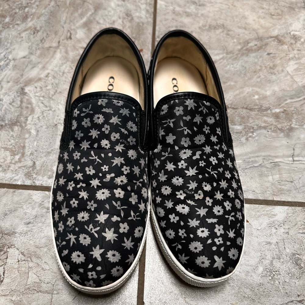 Coach Black and White Floral Slip-On Sneakers